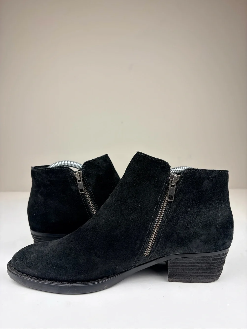 Born Black Suede Ankle Booties Side Zip Lace Up Low Heel Womens 9.5M